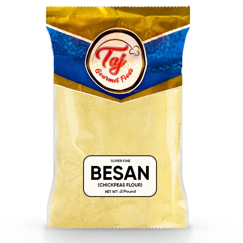 TAJ Besan flour 2lb packaging highlights premium quality for versatile cooking.