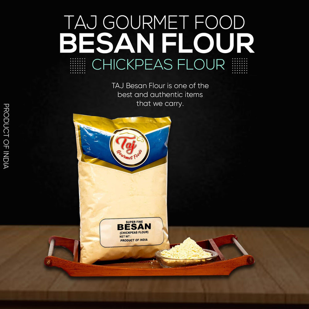 Close-up of TAJ Besan flour's fine grain for smooth texture.