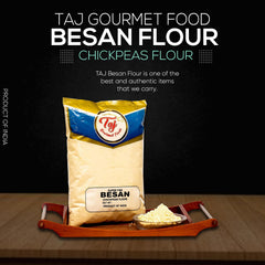 Close-up of TAJ Besan flour's fine grain for smooth texture.