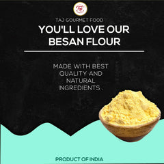 Measuring TAJ Besan flour with a scoop for accurate portions.