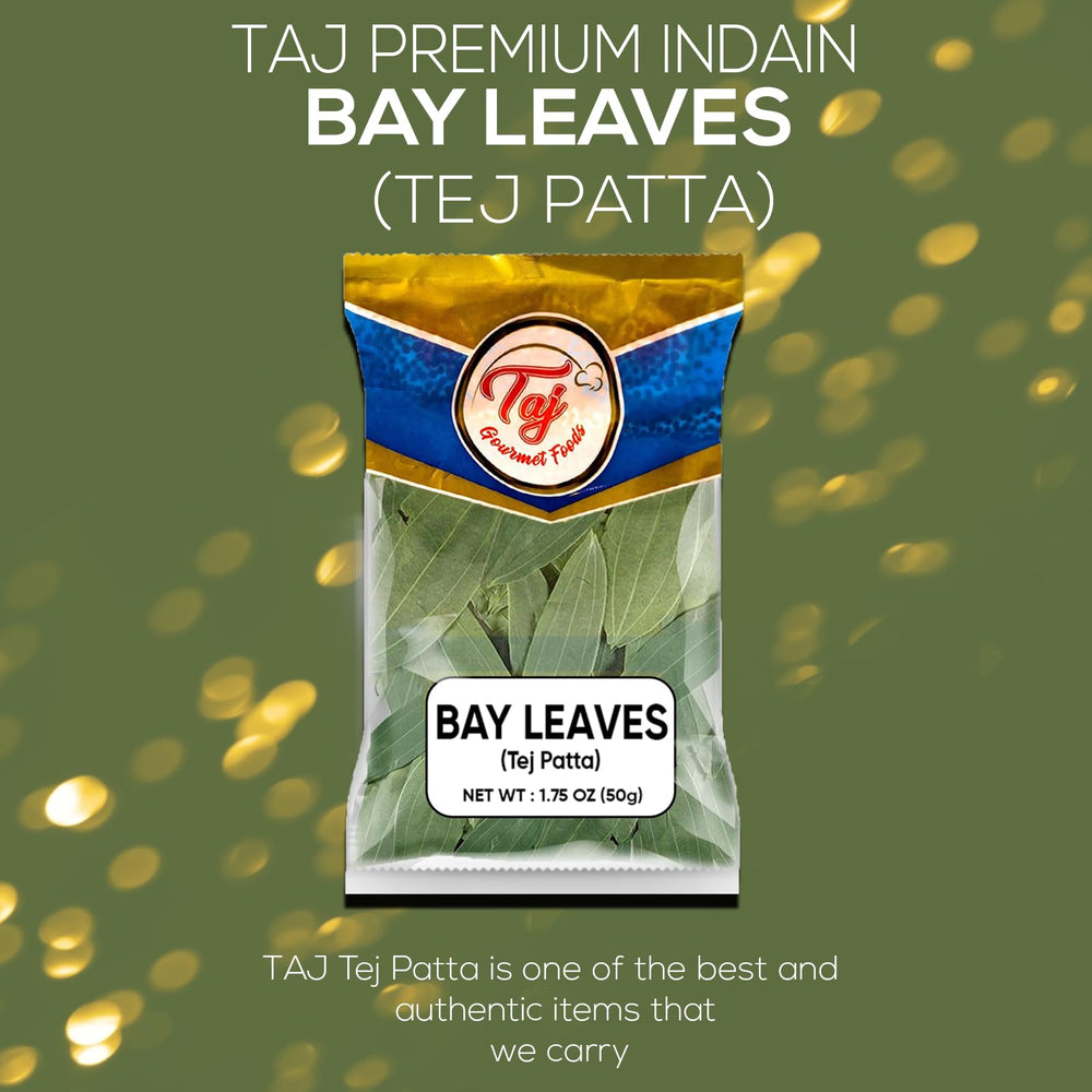 TAJ Gourmet Bay Leaves dried leaves stacked for long-term pantry storage.