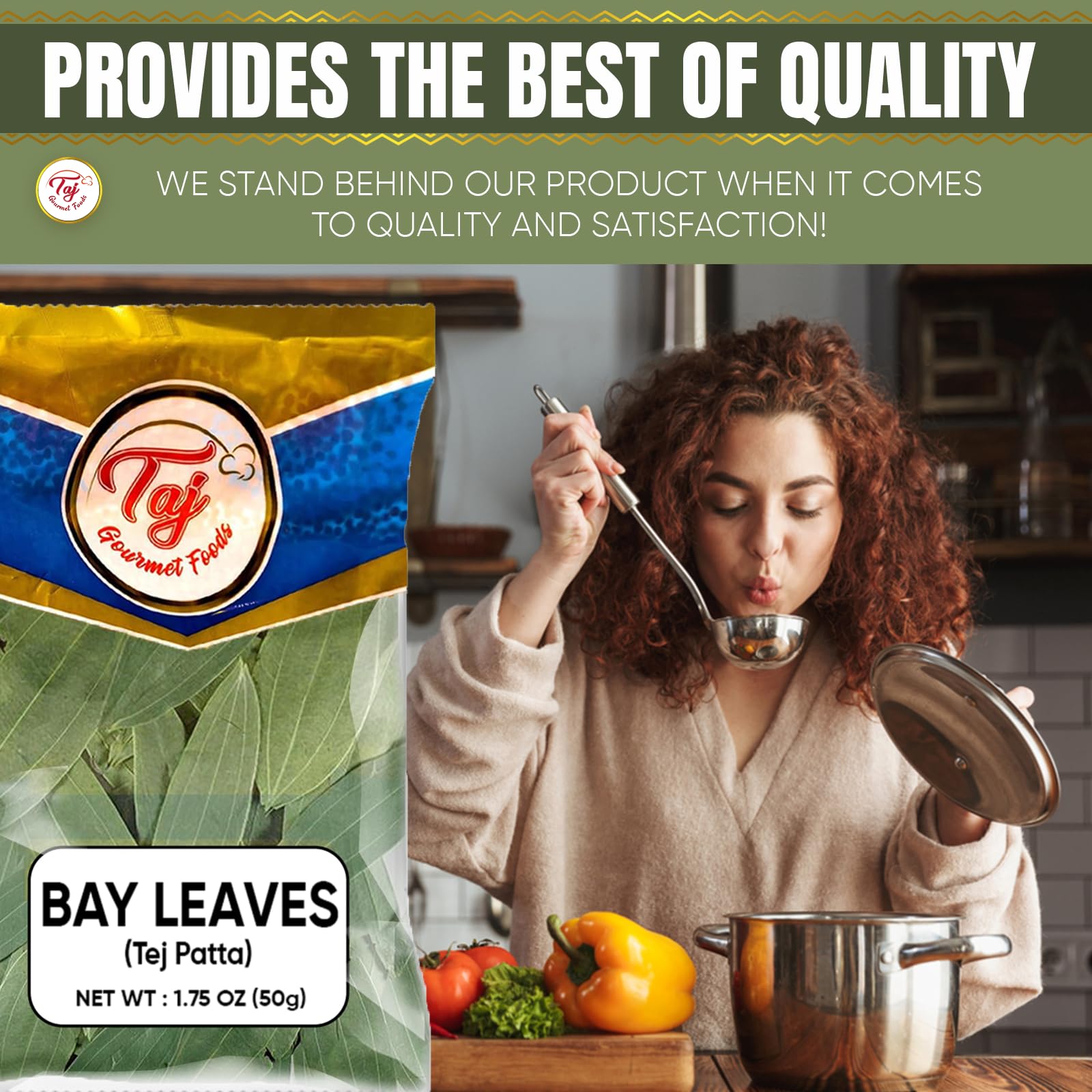 TAJ Gourmet Bay Leaves used in soups and stews for depth of flavor
