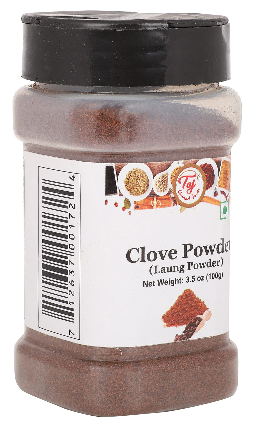 Close-up texture of TAJ Gourmet Clove Powder showing fine grind.