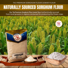 TAJ Gourmet Foods juwar flour bag emphasizes gluten-free, fiber-rich