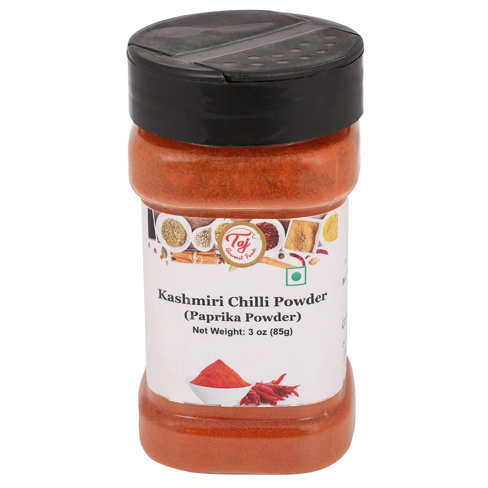 TAJ Gourmet Kashmiri Chilli Powder bottle showing mild heat for curries