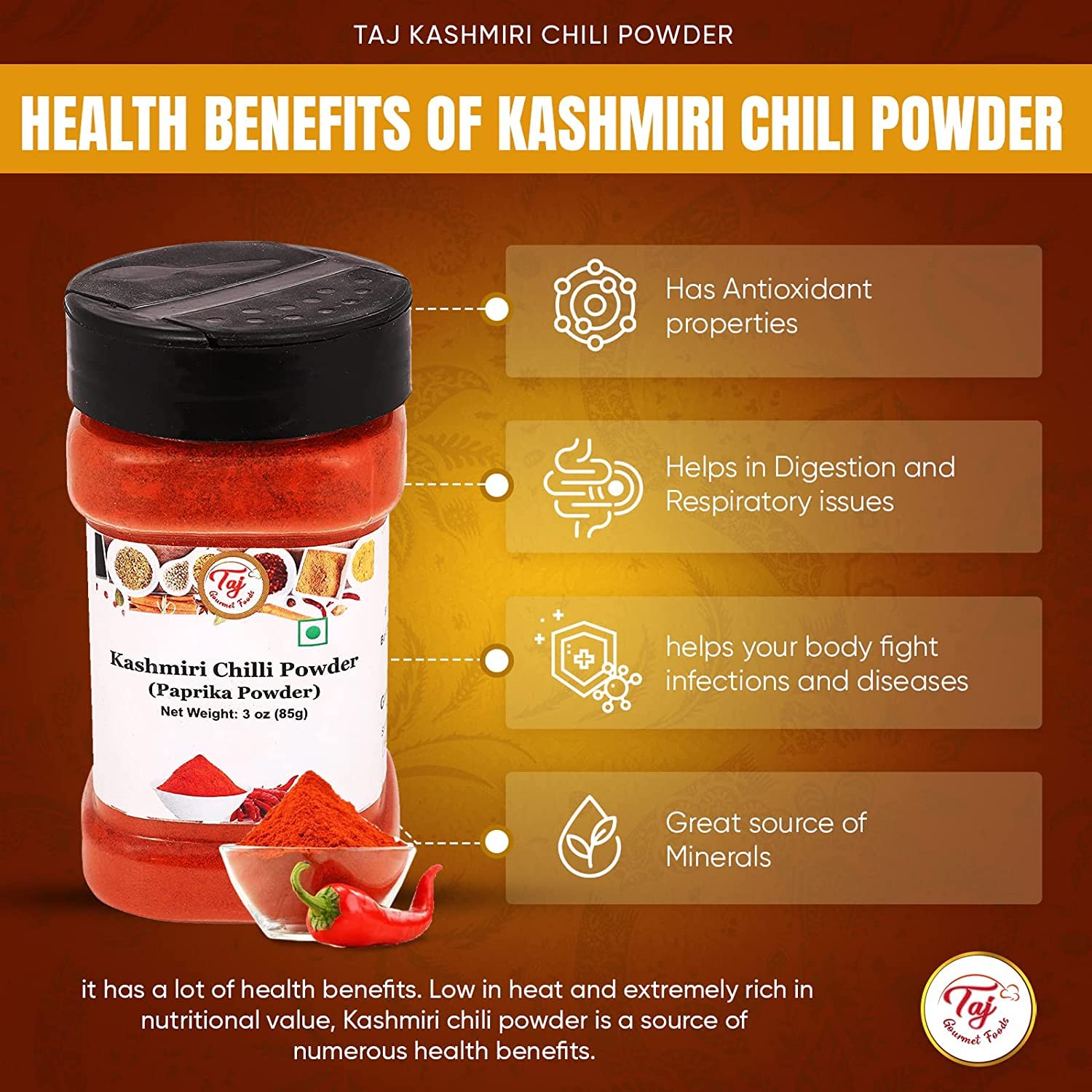 Kashmiri chilli powder jar on a kitchen counter ready to season