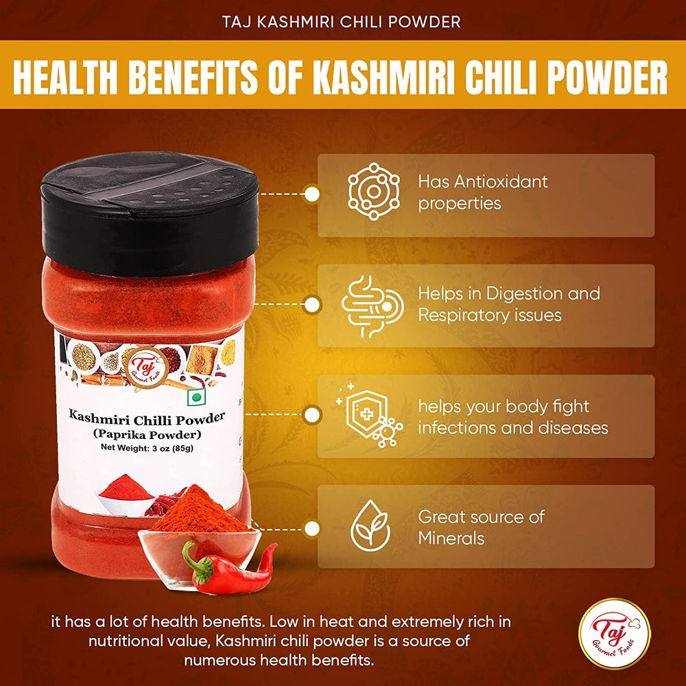 Kashmiri chilli powder jar on a kitchen counter ready to season