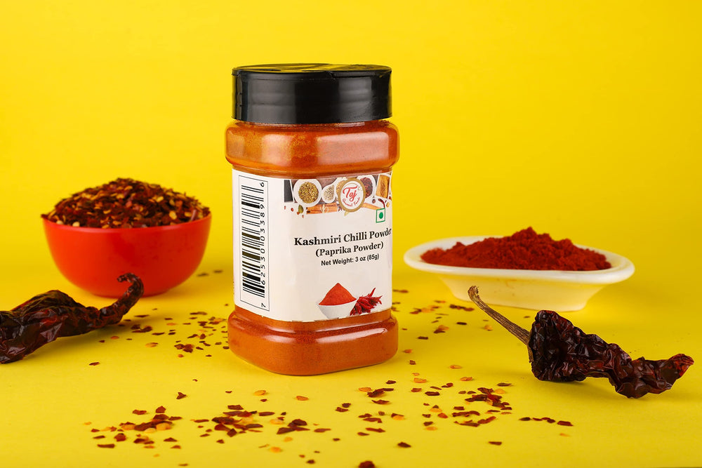 Close-up of Kashmiri chilli powder texture highlighting vibrant color