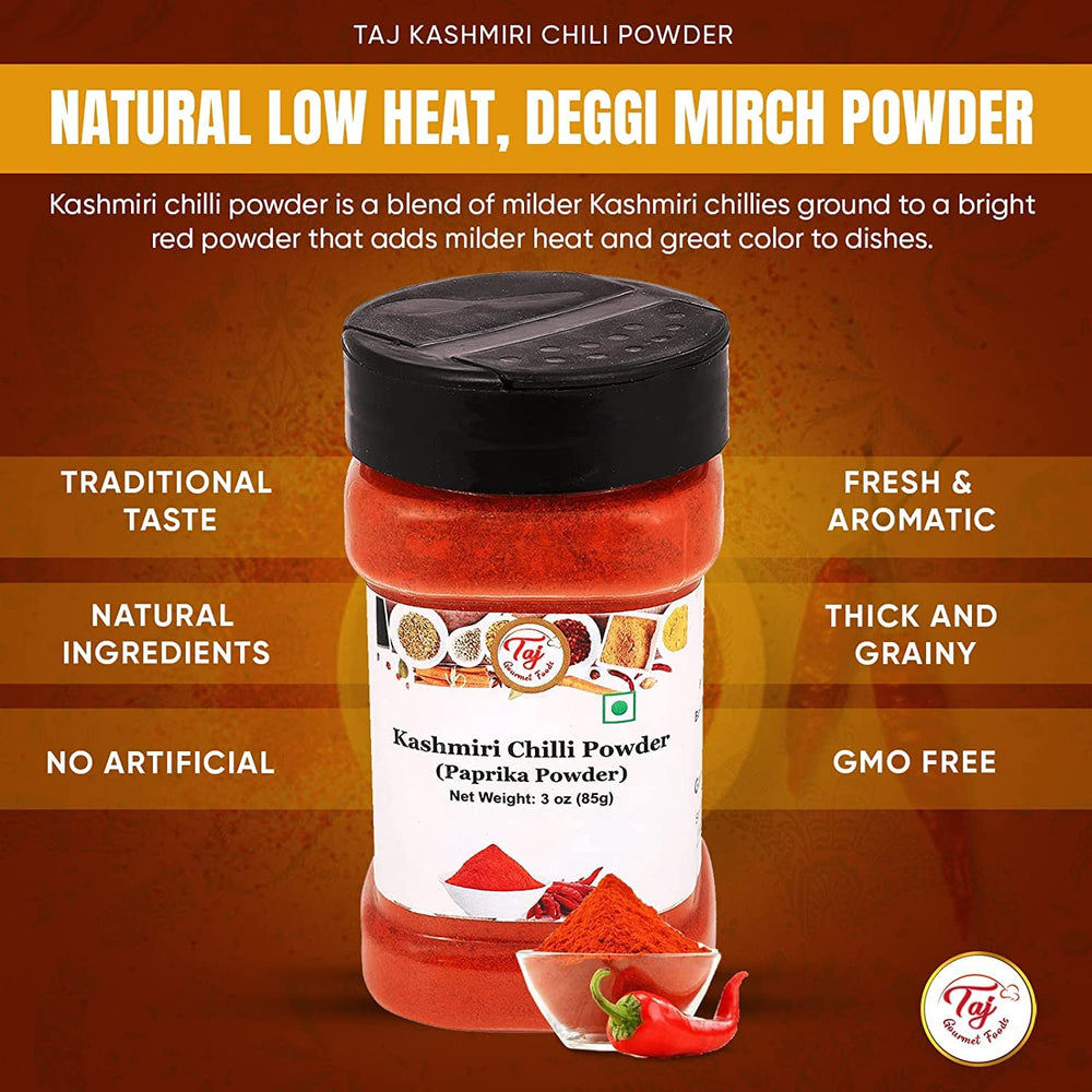 Spice shelf with TAJ Deggi Mirch powder adding color to dishes