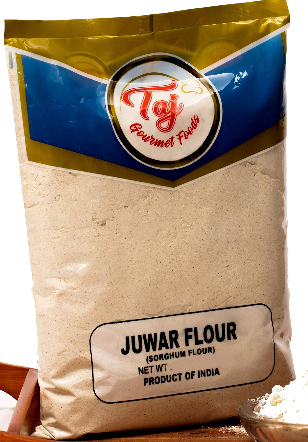 TAJ Gourmet Foods juwar flour texture close-up shows fine, versatile powder