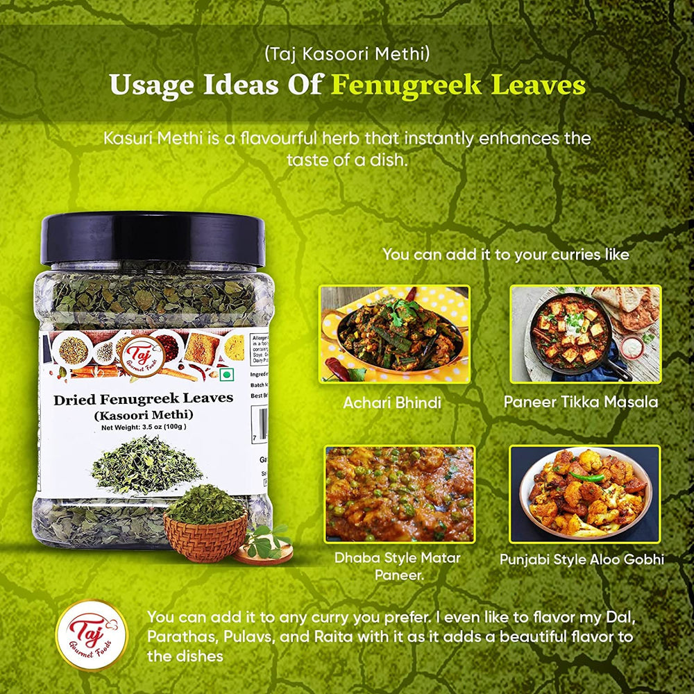 Crushed TAJ Kasoori Methi leaves release rich aroma for curries.