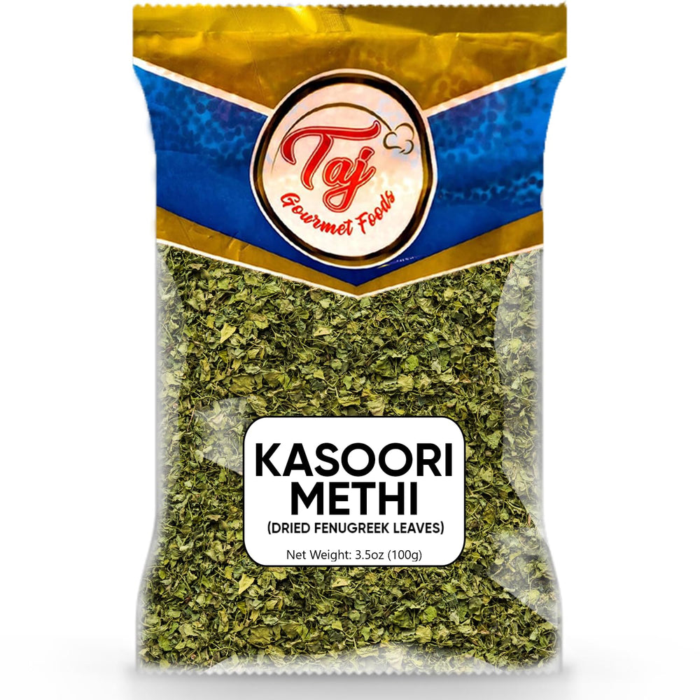 TAJ Kasoori Methi dried leaves in jar, perfect for curries and chutneys.