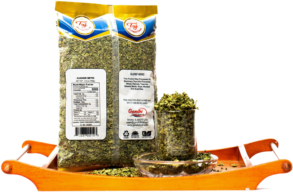 Close-up of TAJ Kasoori Methi leaves showing vibrant green texture.