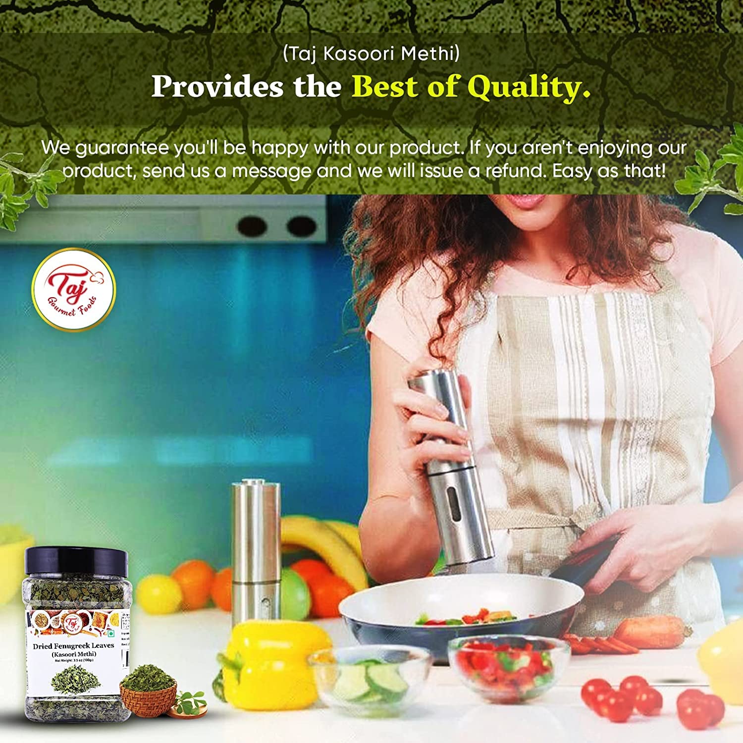 TAJ Gourmet Kasoori Methi leaf detail emphasizes quality and authenticity.