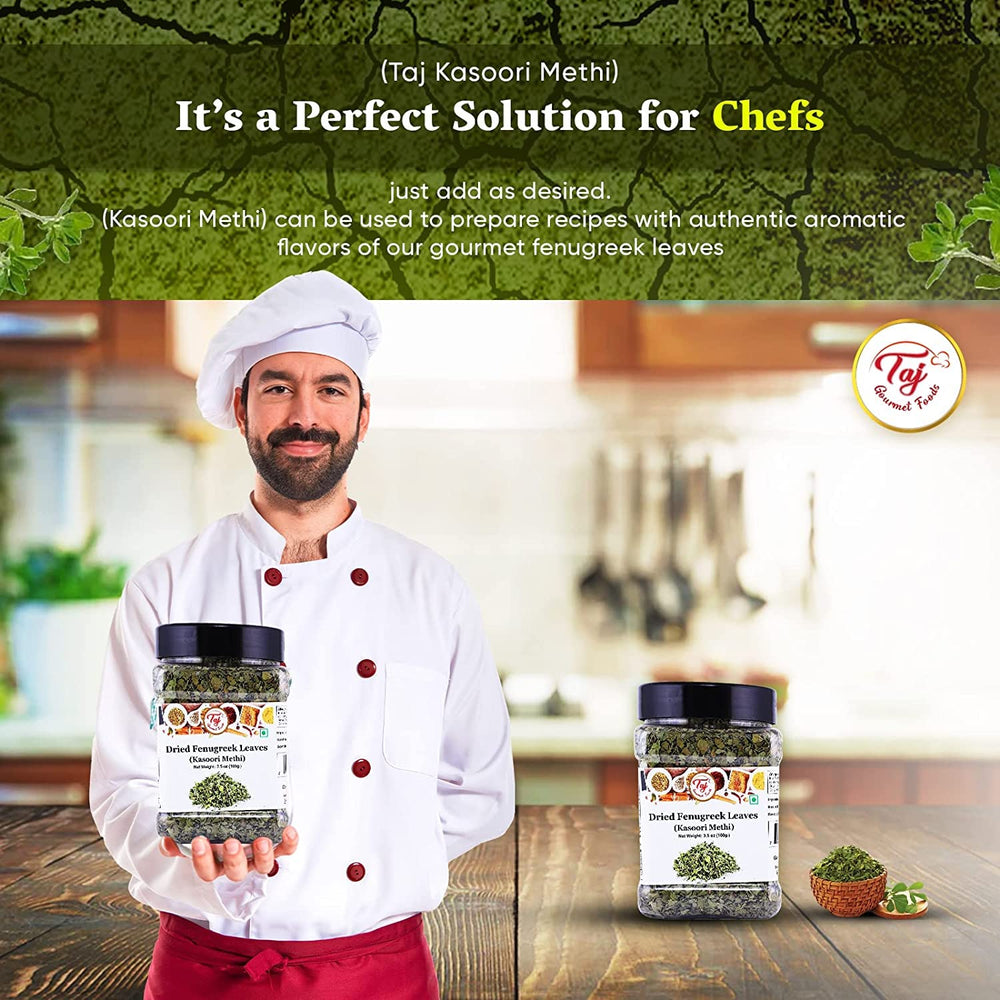 TAJ Kasoori Methi packaging on shelf highlights easy storage.