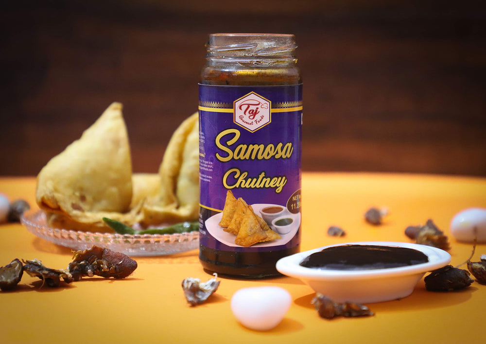 TAJ Gourmet Samosa Chutney label-closeup communicates GMO-free and all-natural appeal