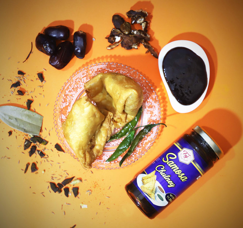 TAJ Gourmet Samosa Chutney samosa-pass depicts traditional accompaniment for snacks