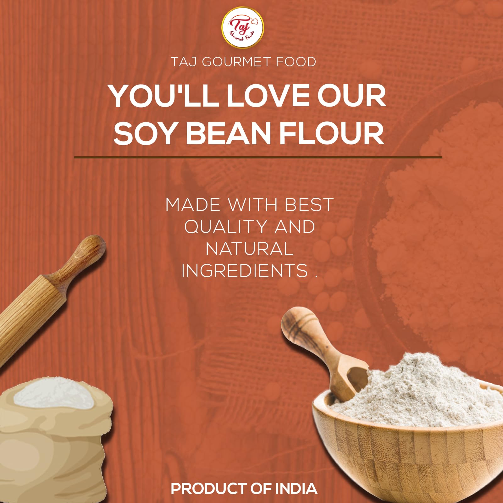 TAJ Gourmet Soya Bean Flour baking setup—measuring cup ready for kitchen use
