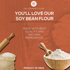 TAJ Gourmet Soya Bean Flour baking setup—measuring cup ready for kitchen use