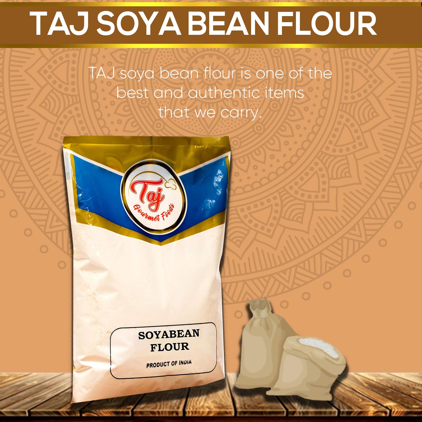 TAJ Gourmet Soya Bean Flour dry powder pile—versatile base for recipes
