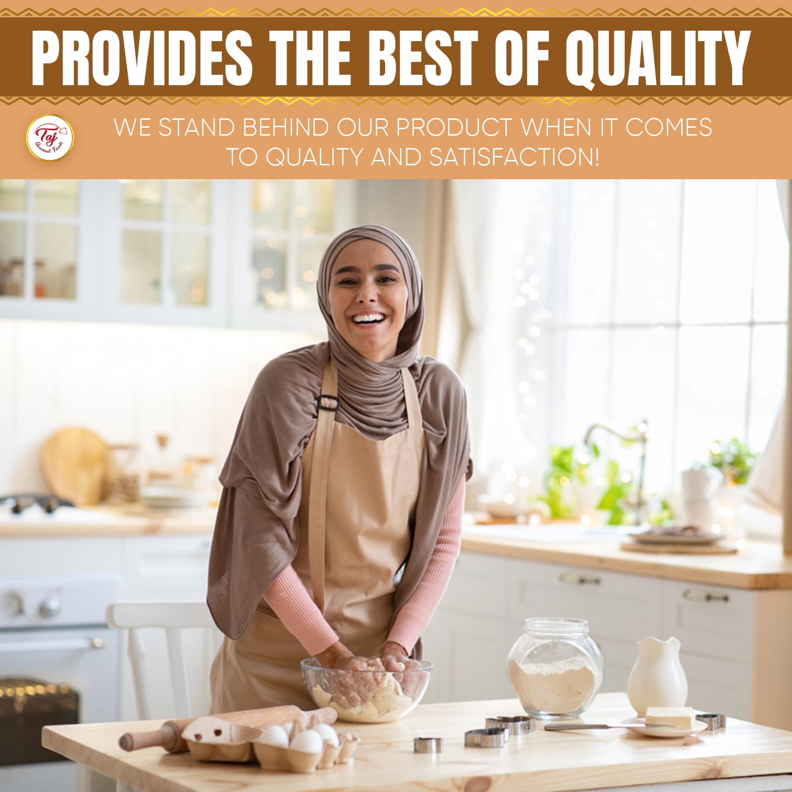 TAJ Gourmet Soya Bean Flour kitchen scene—pair with pantry staples