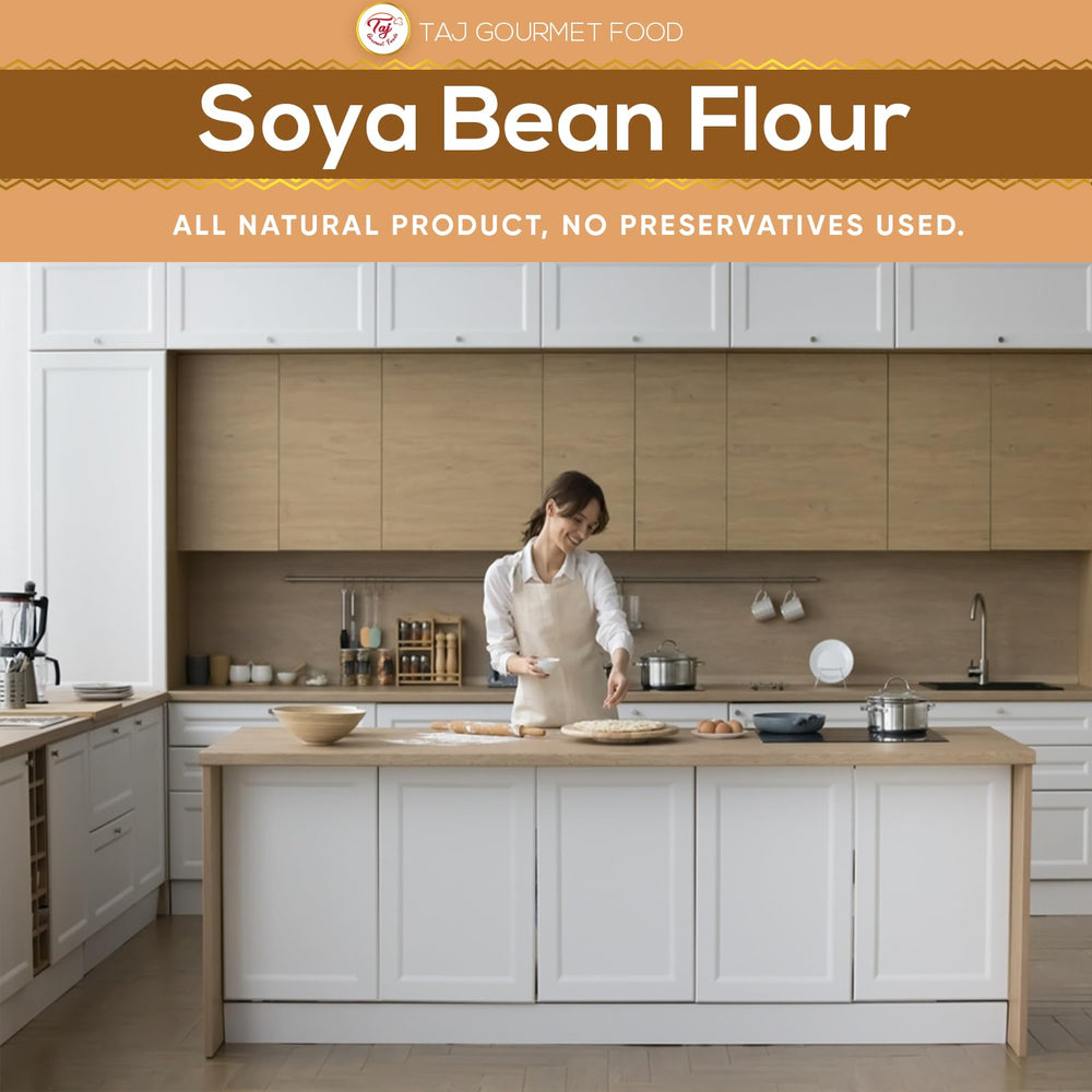 TAJ Gourmet Soya Bean Flour measuring cup shot—precise dosing for batters