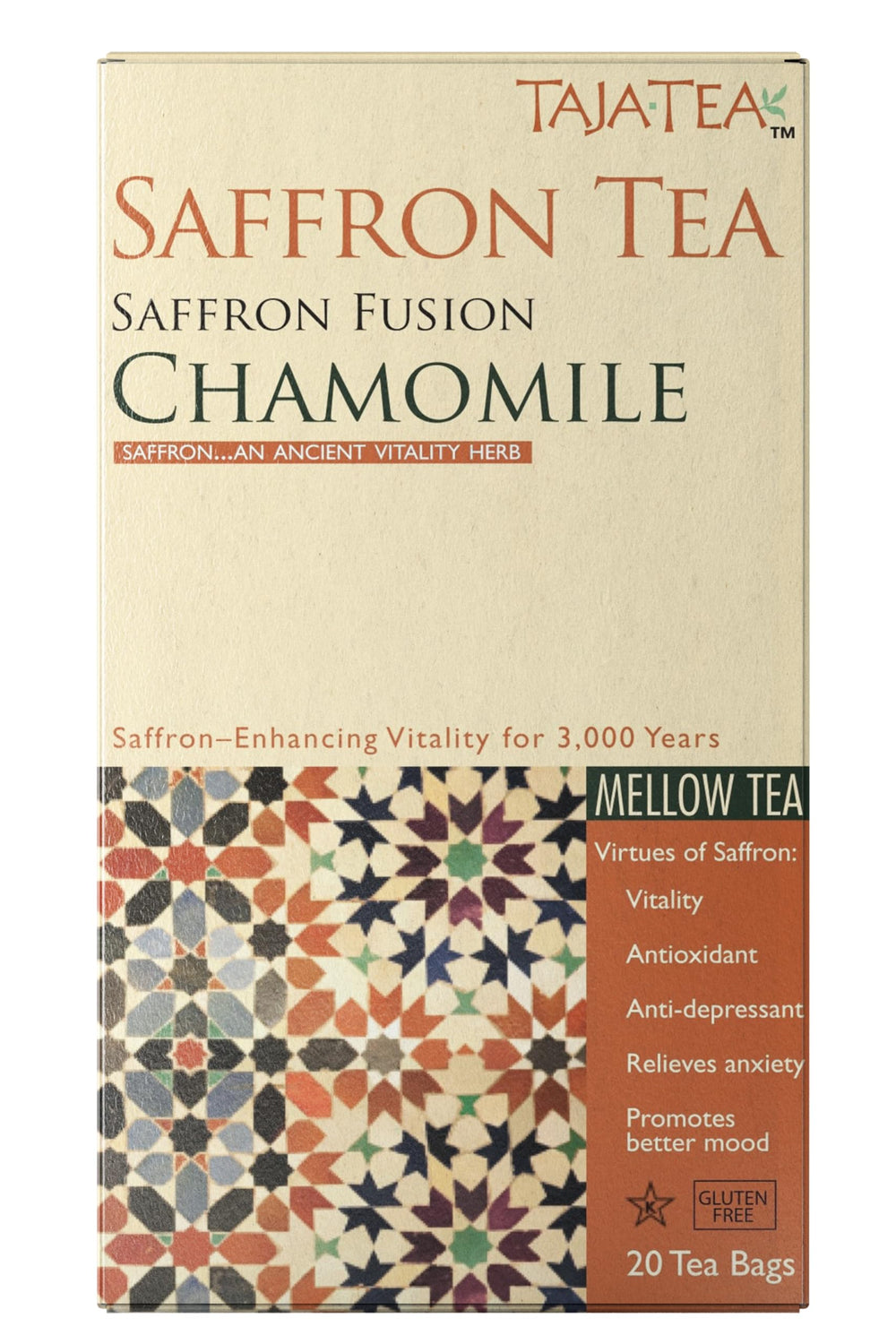 Taja Saffron Tea bag closeup showing saffron threads for calm moments