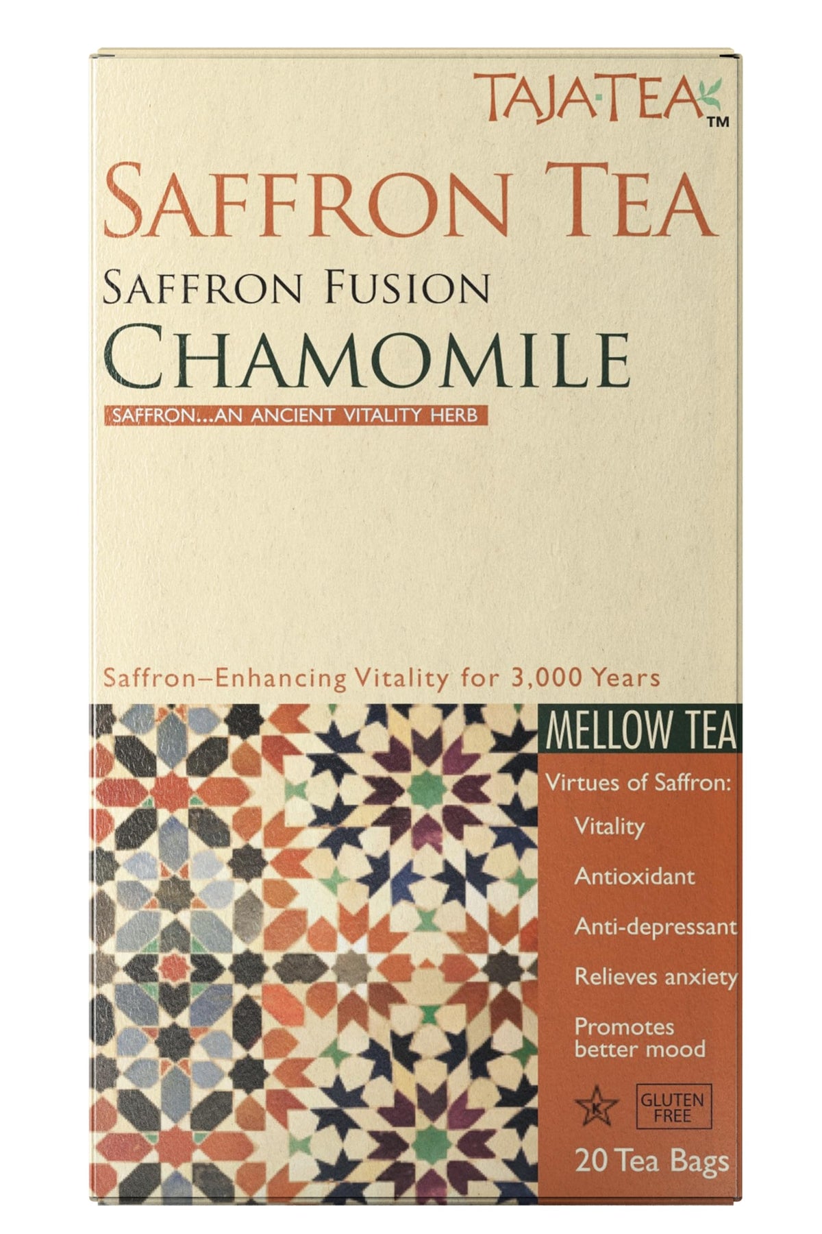 Taja Saffron Tea bag closeup showing saffron threads for calm moments
