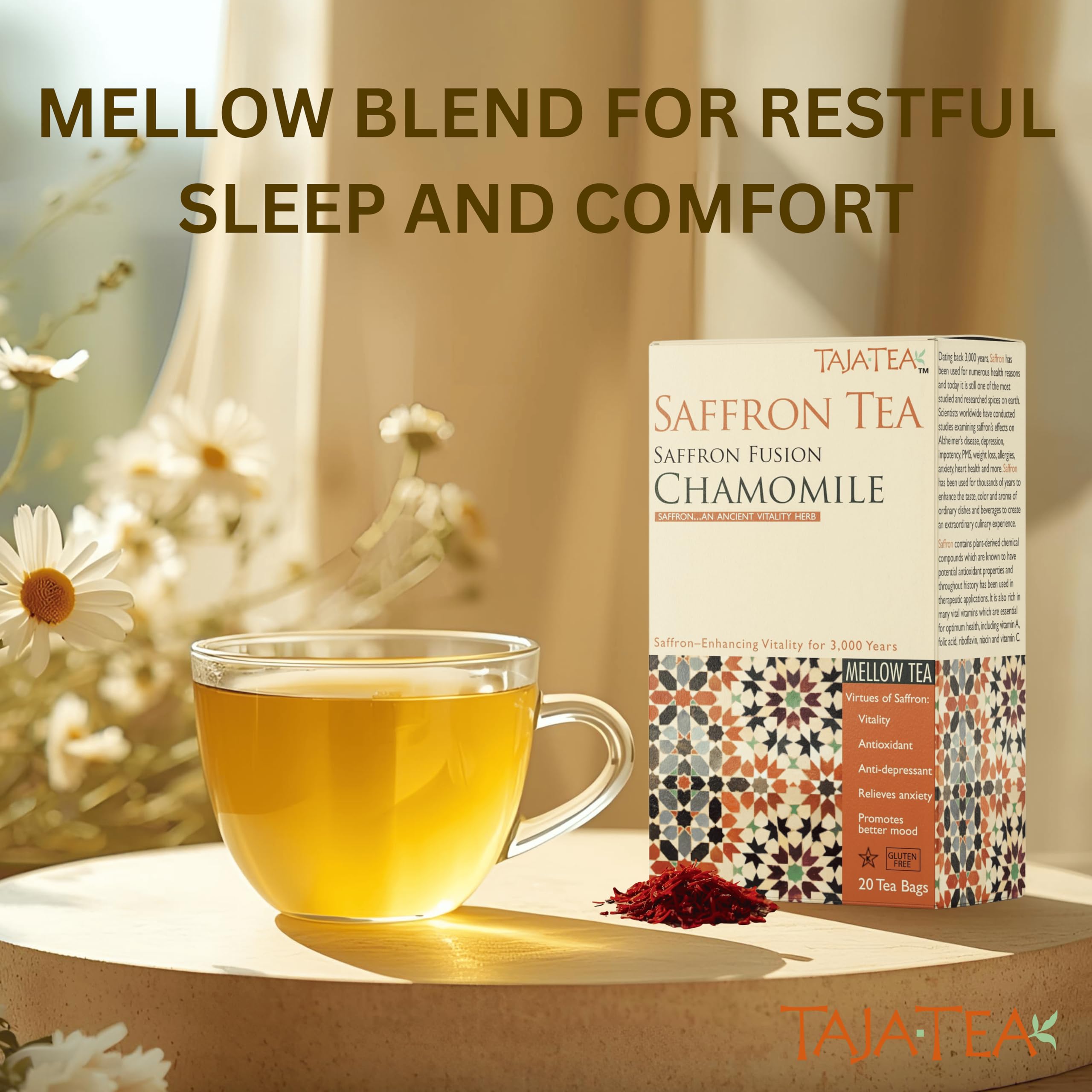 Taja Saffron Tea cup steaming inviting relaxation and evening ritual