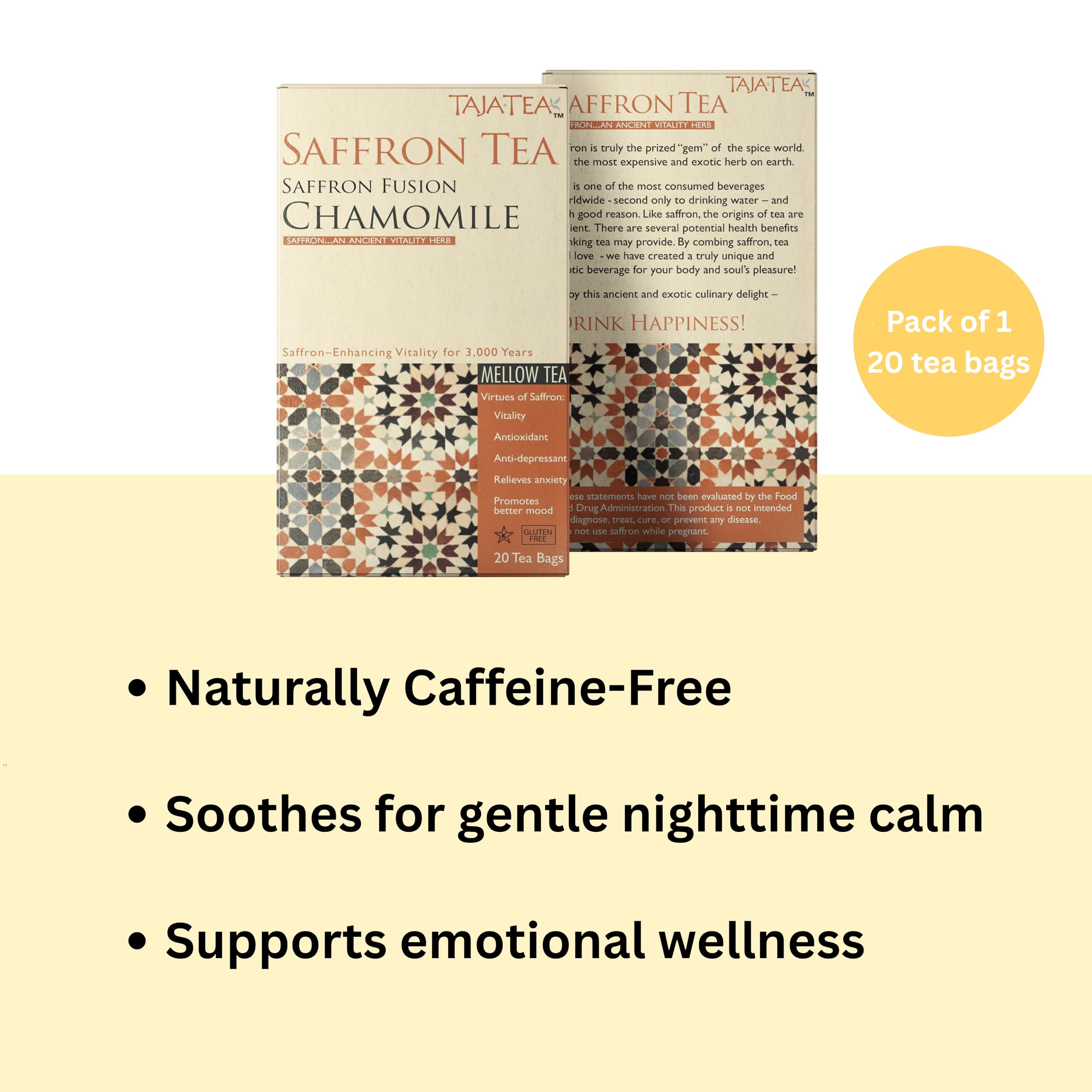 Taja Saffron Tea tin on shelf for a premium daily ritual