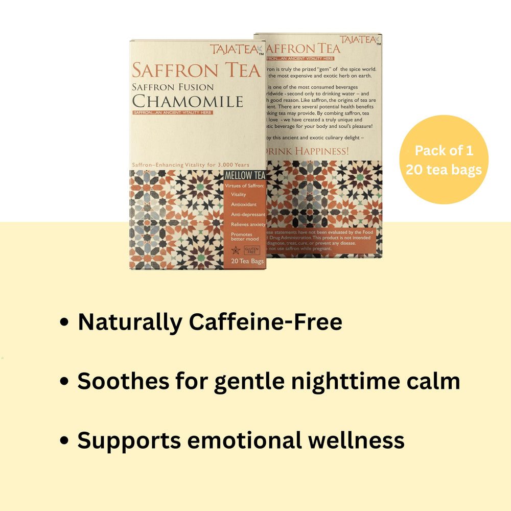 Taja Saffron Tea tin on shelf for a premium daily ritual