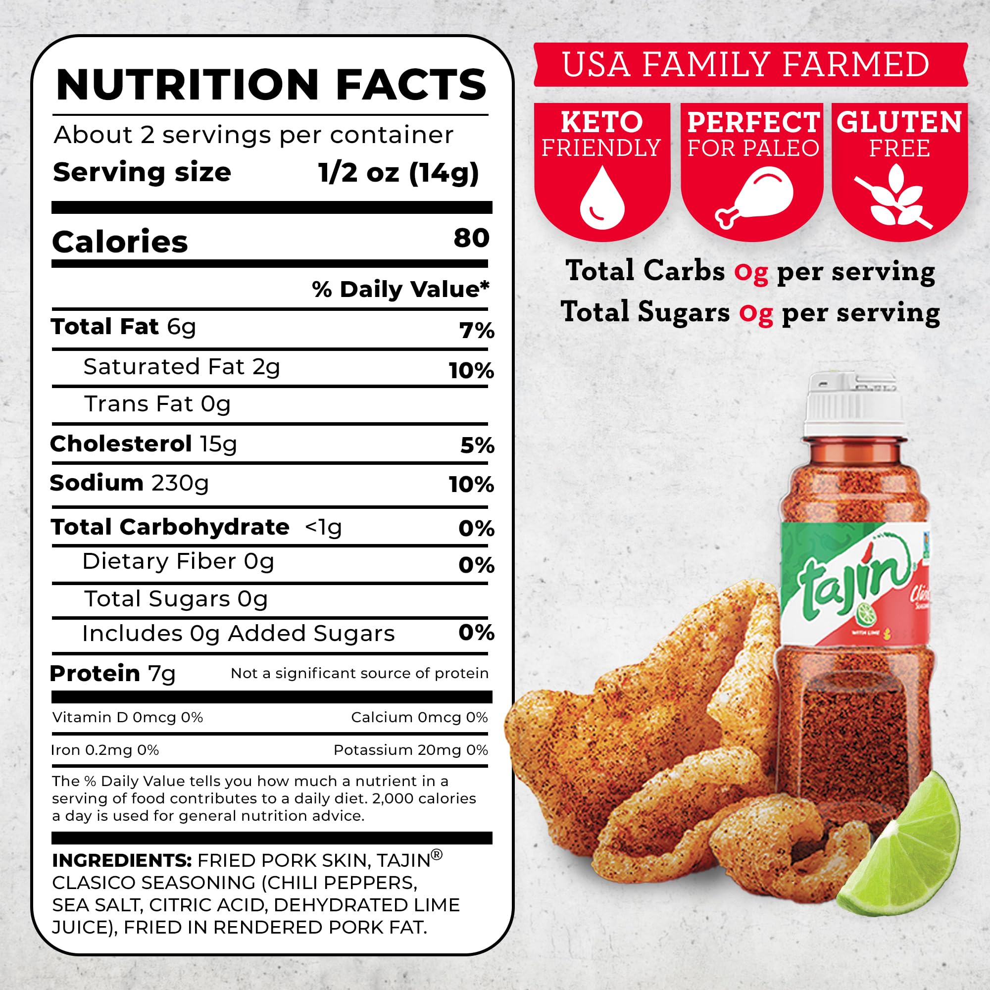 Close-up of Tajín seasoning on pork rinds highlighting chili-lime flavor.