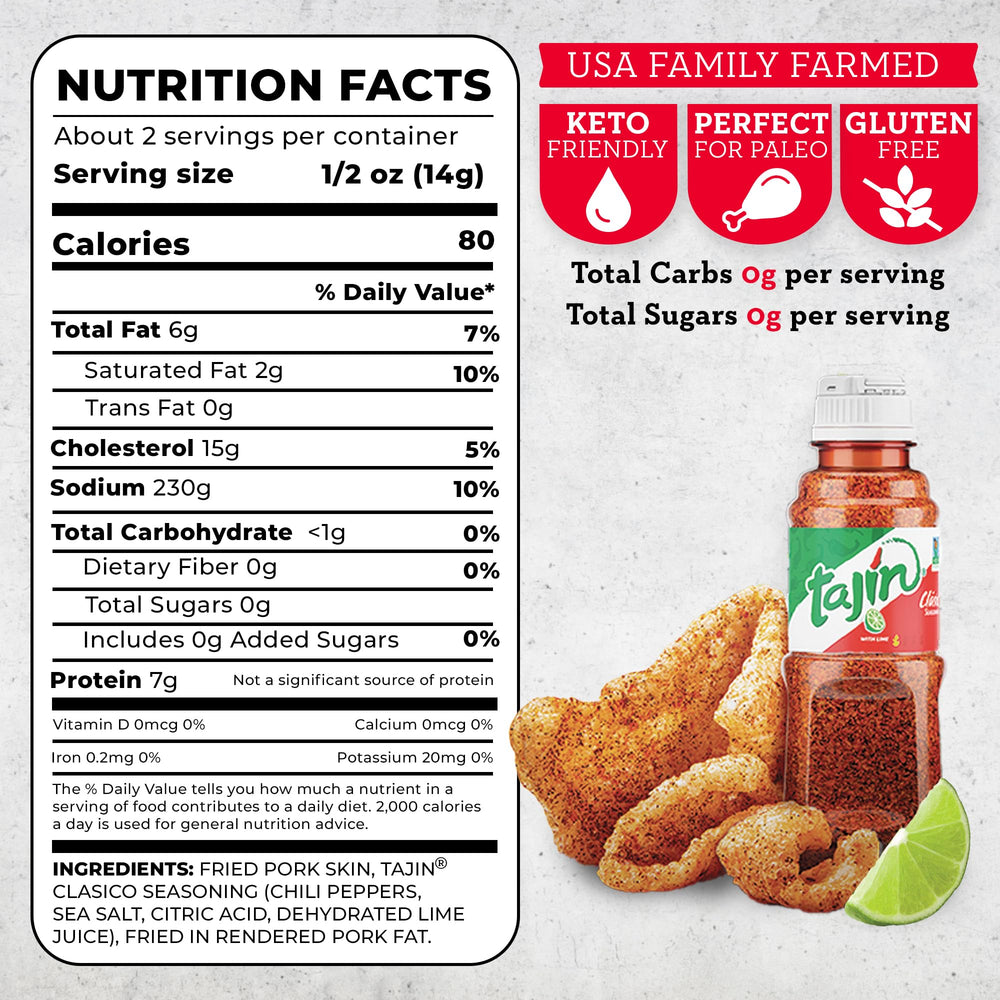 Close-up of Tajín seasoning on pork rinds highlighting chili-lime flavor.