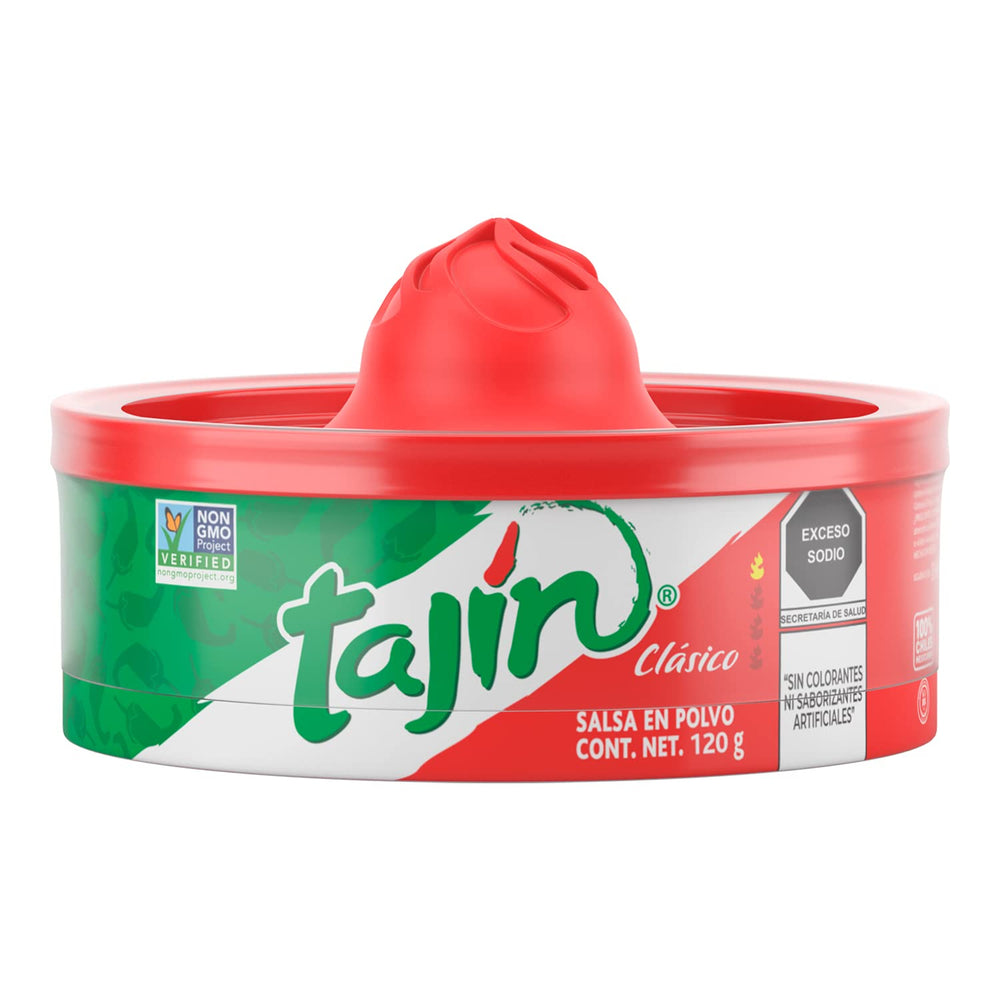 Tajin Classic Seasoning bottle close-up highlighting premium ingredients for bold flavor.
