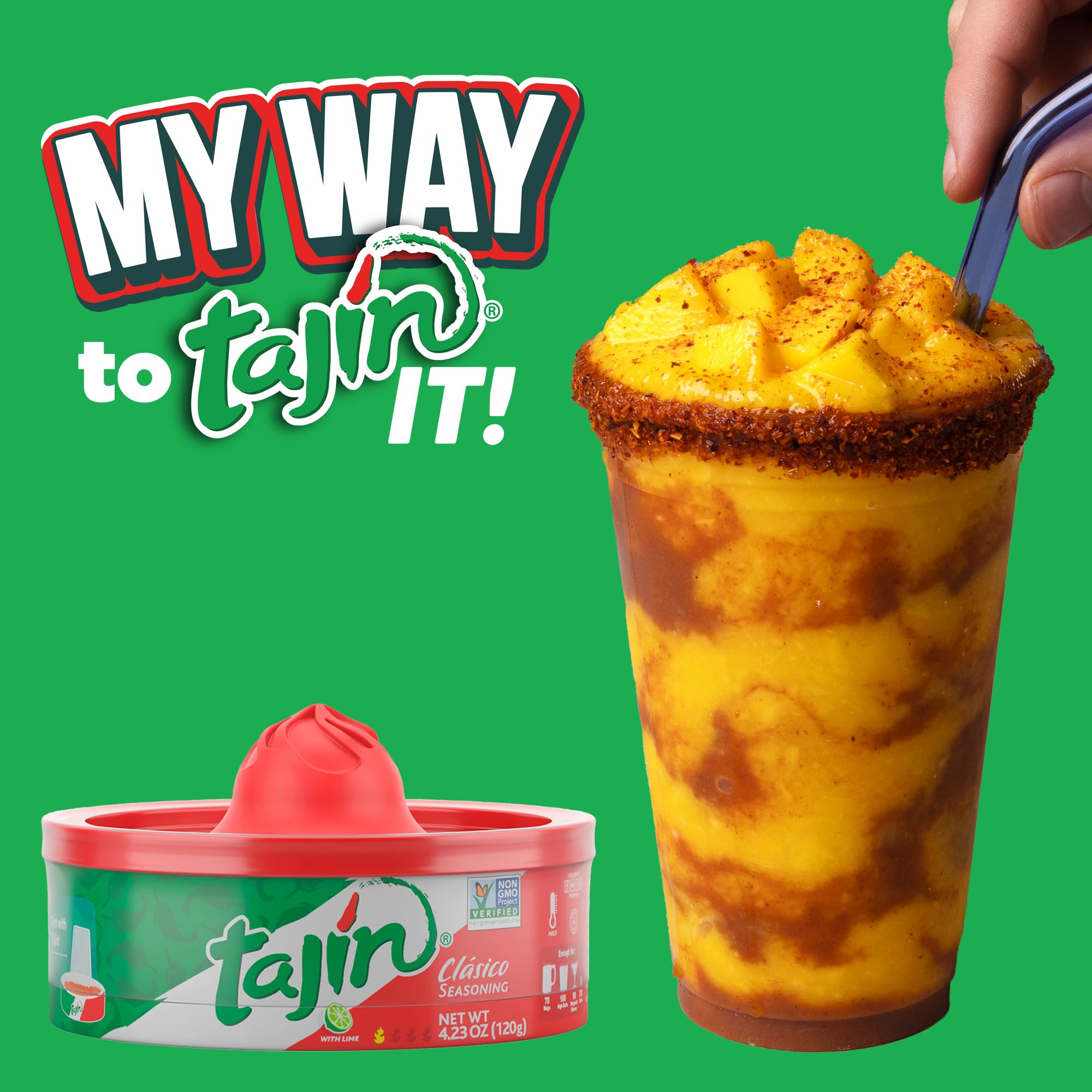 Tajin Clasico Chile Lime ingredients display emphasizes gluten-free, dairy-free options.