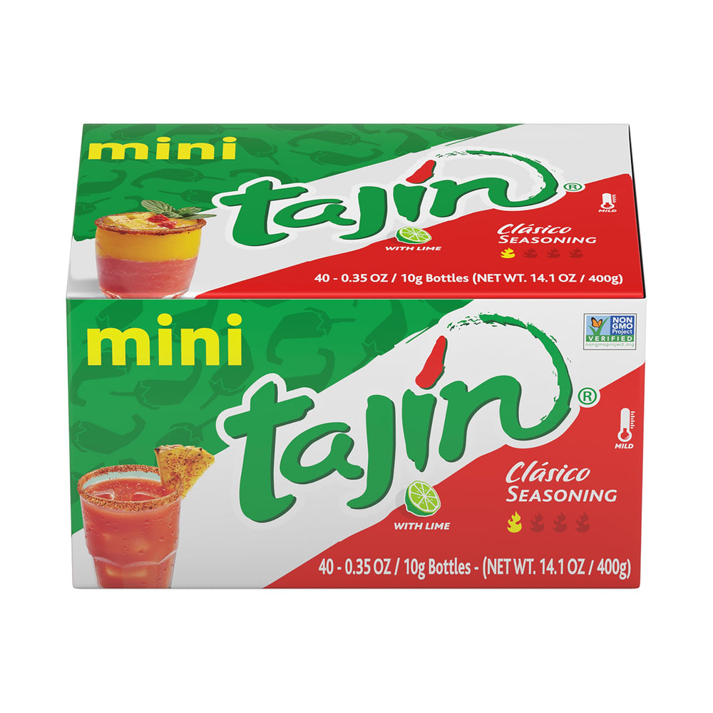 Tajín Clásico mini display bottles arranged for easy flavoring at home.