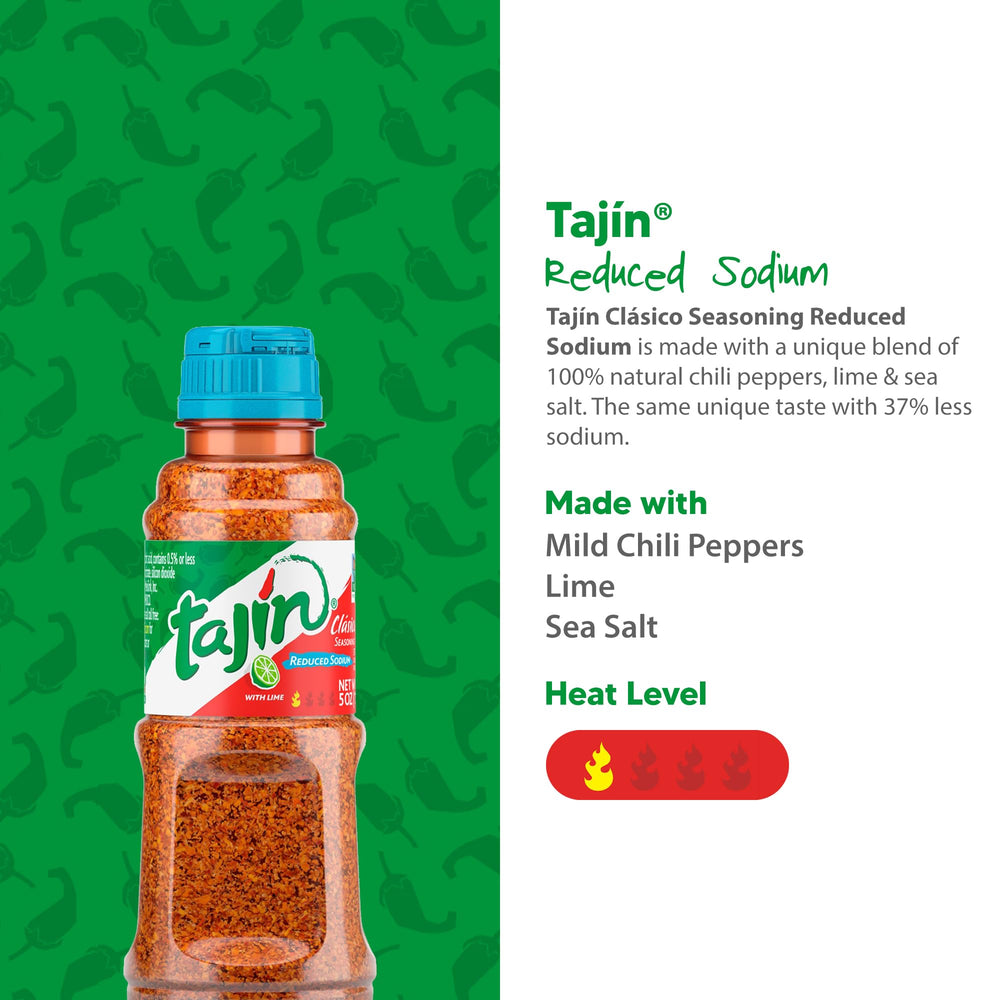 Tajin Clásico Reduced Sodium seasoning-shaker dispensing in kitchen for quick flavor boosts.