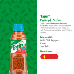 Tajin Clásico Reduced Sodium seasoning-shaker dispensing in kitchen for quick flavor boosts.