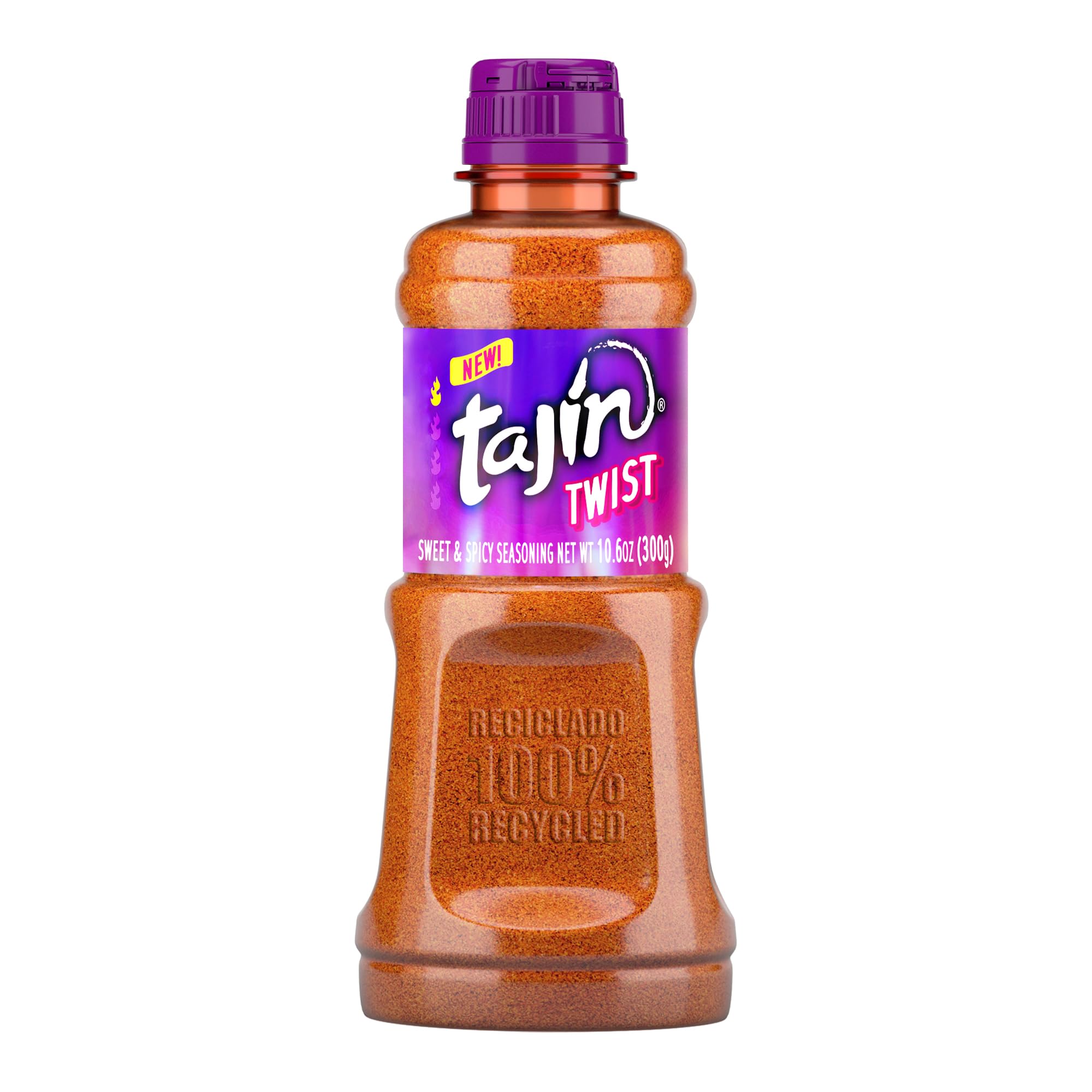 Tajín Twist bottle closeup, highlighting the sweet-spicy seasoning for snacks.
