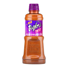 Tajín Twist bottle closeup, highlighting the sweet-spicy seasoning for snacks.