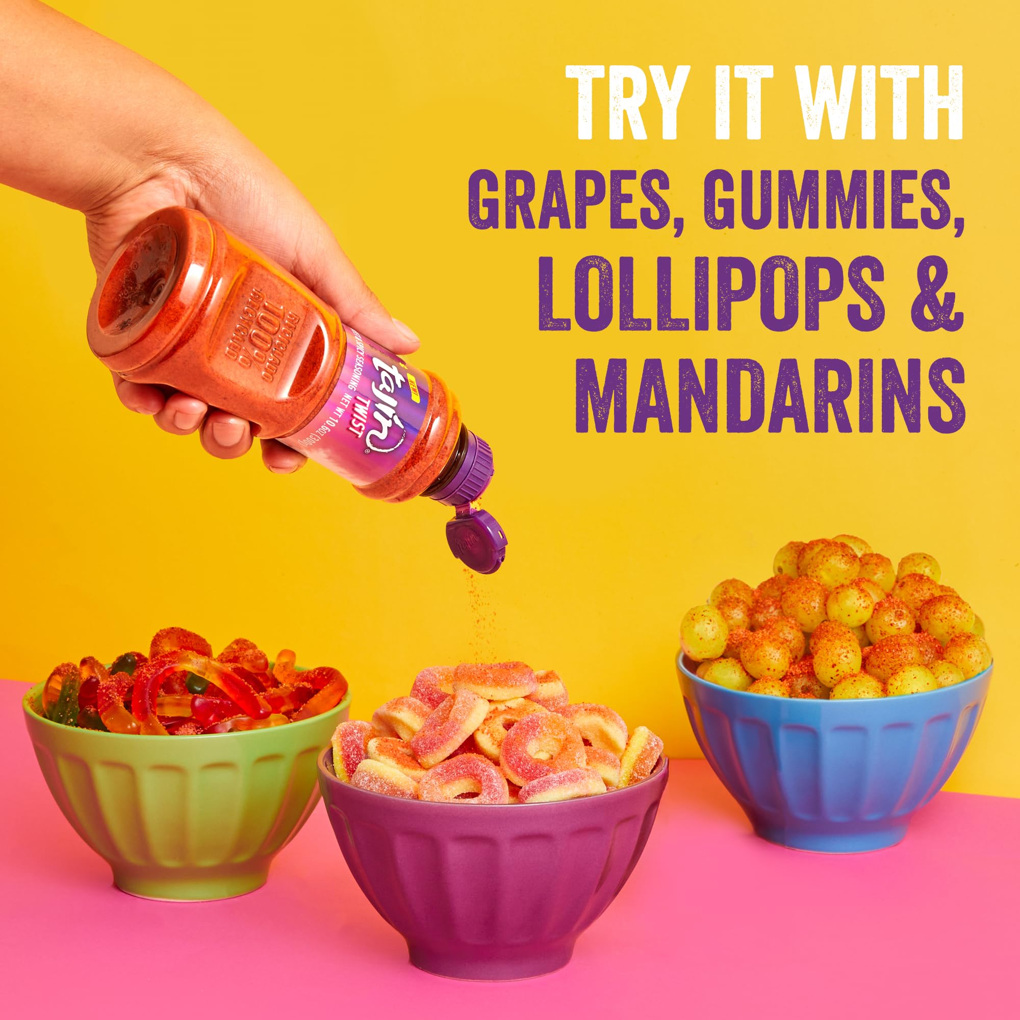 Gummies and lollipops topped with Tajín Twist.