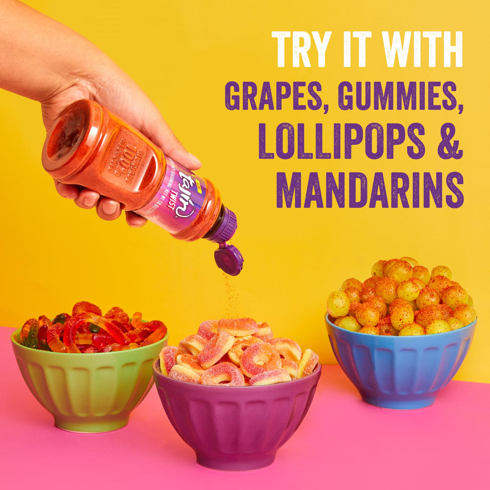 Gummies and lollipops topped with Tajín Twist.