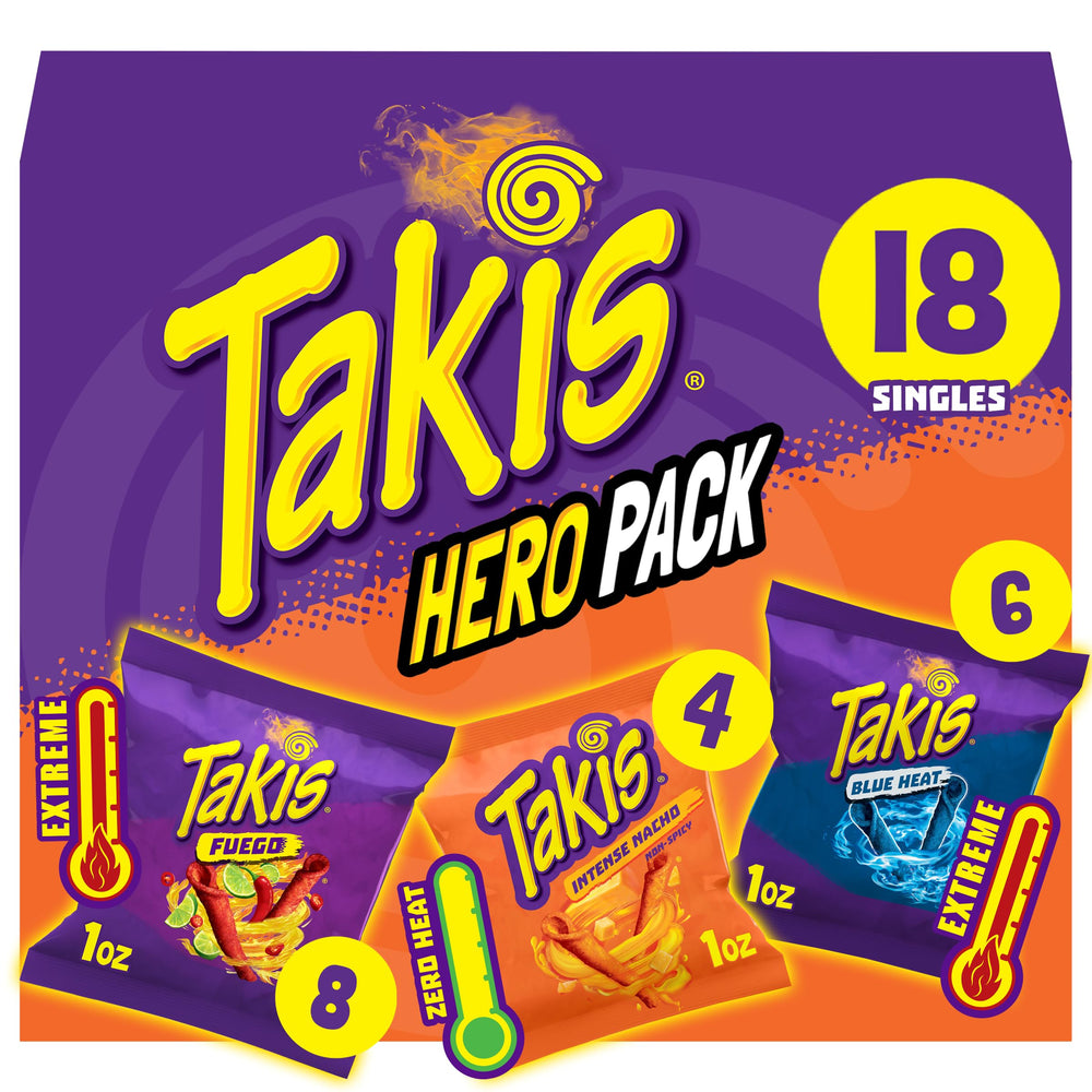 Takis Fuego bags showcase bold rolled tortilla chips for party snacking.