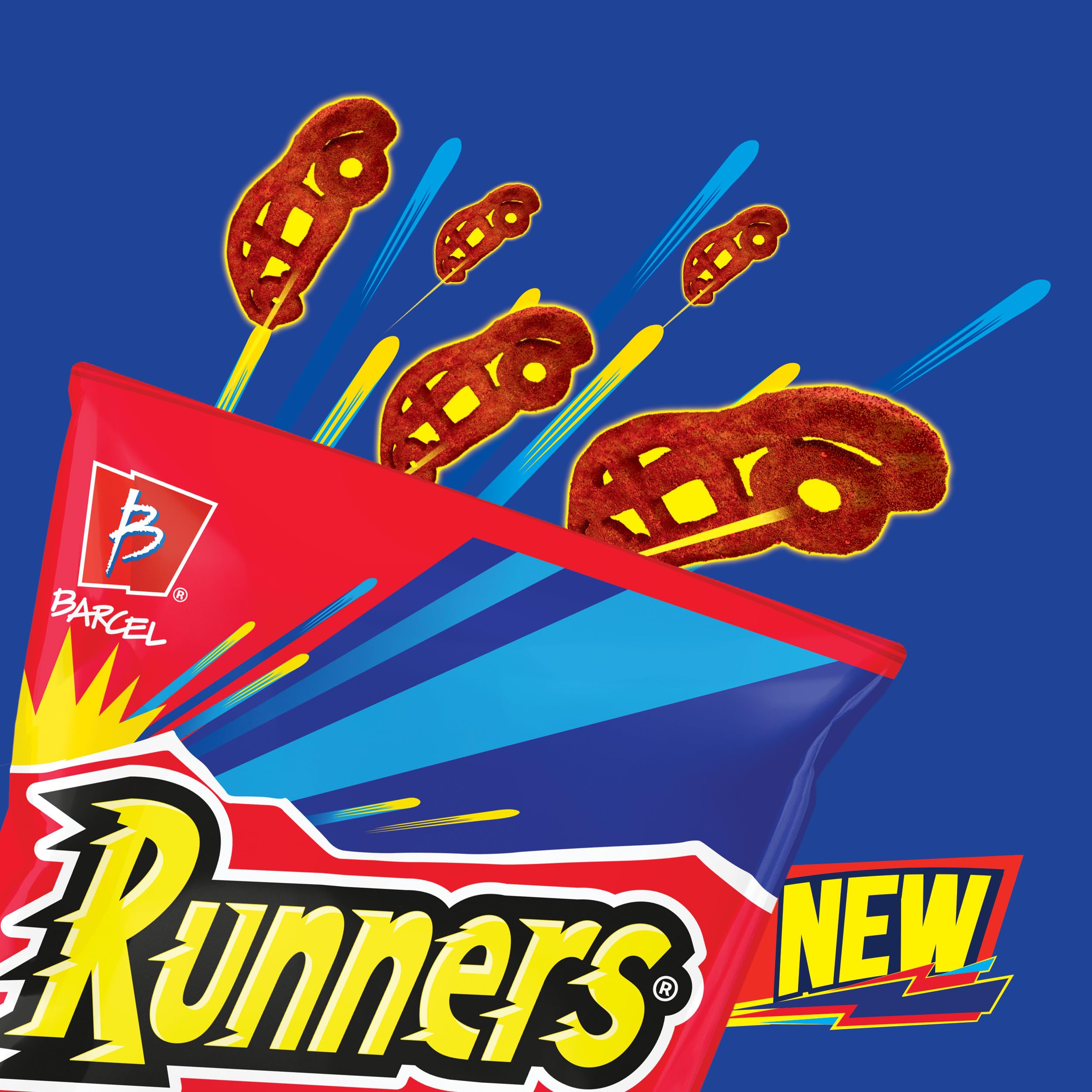 Takis close-up of car-shaped Barcel Runners pieces highlighting crunchy fun texture benefit
