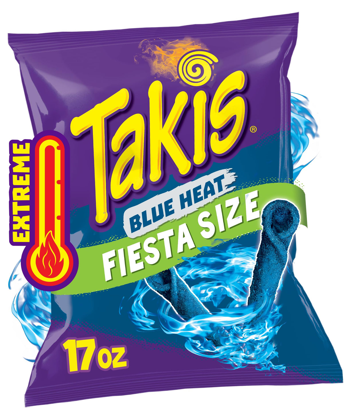 Takis Blue Heat 17oz bag front showing bold flavor for on-the-go snacking.