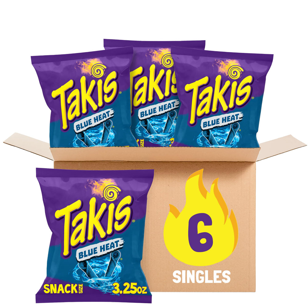Takis Blue Heat bag on the counter ready for bold, on-the-go snacking.