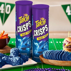 Takis Blue Heat can open with crisps visible indicating portable snack convenience