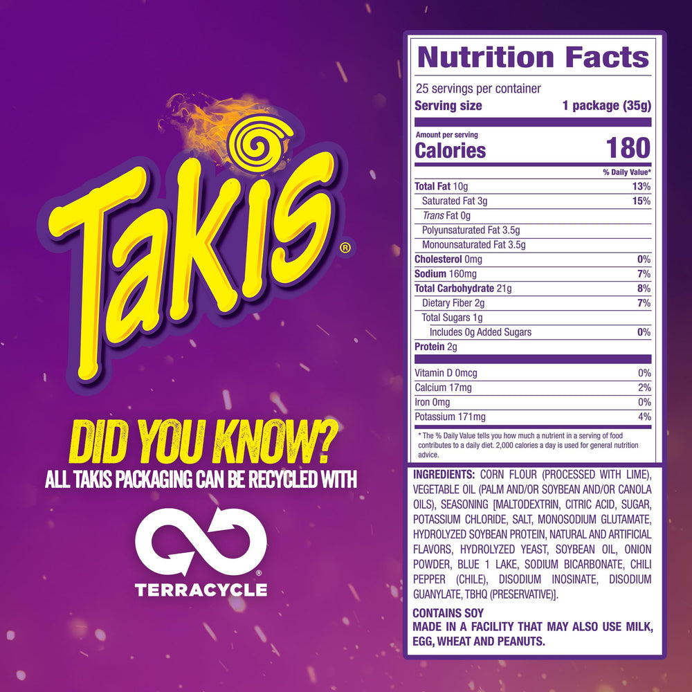 Takis Blue Heat Mini pack back, handy details for quick flavor selection.