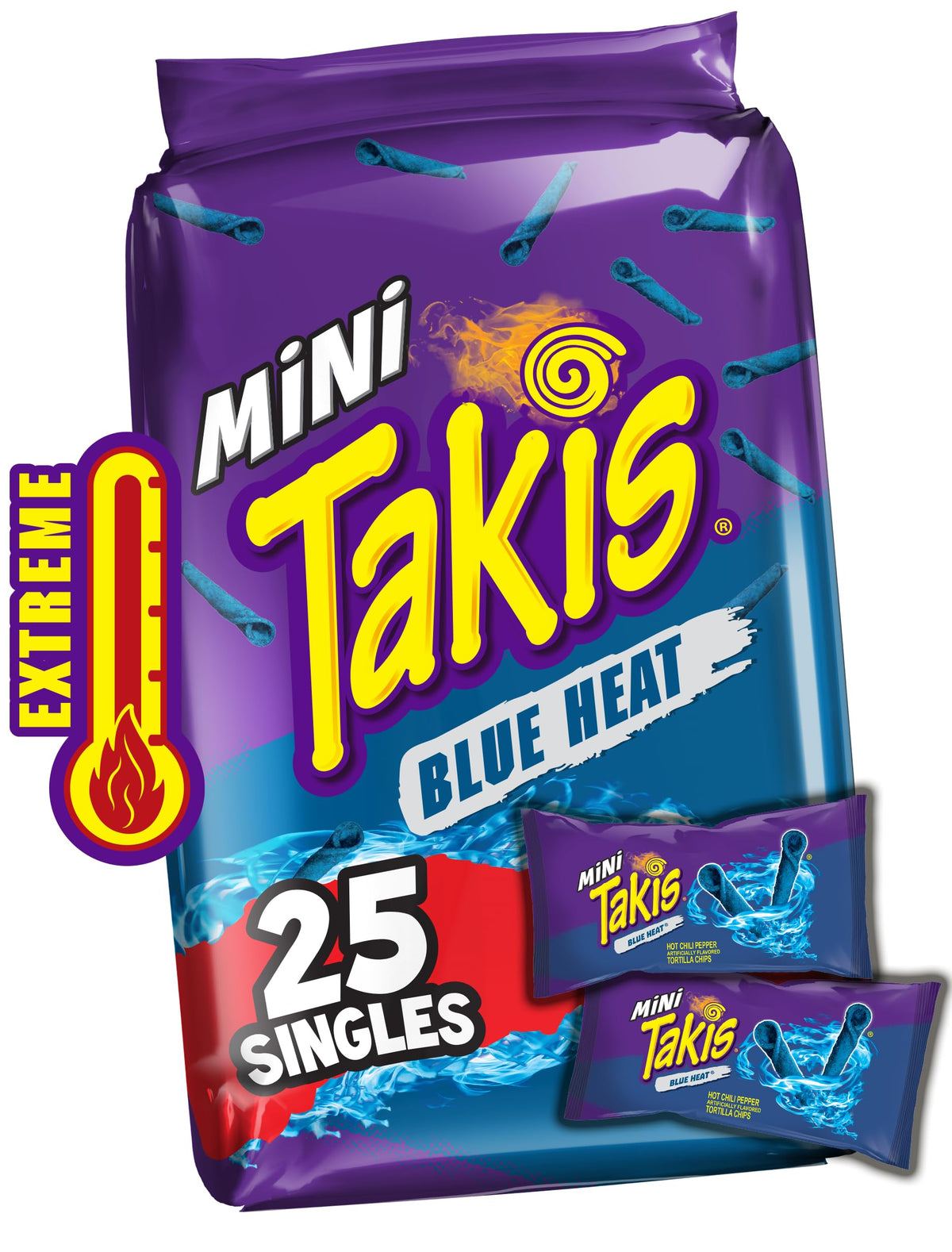 Takis Blue Heat Mini pack front view, bold packaging for a bold party snack.