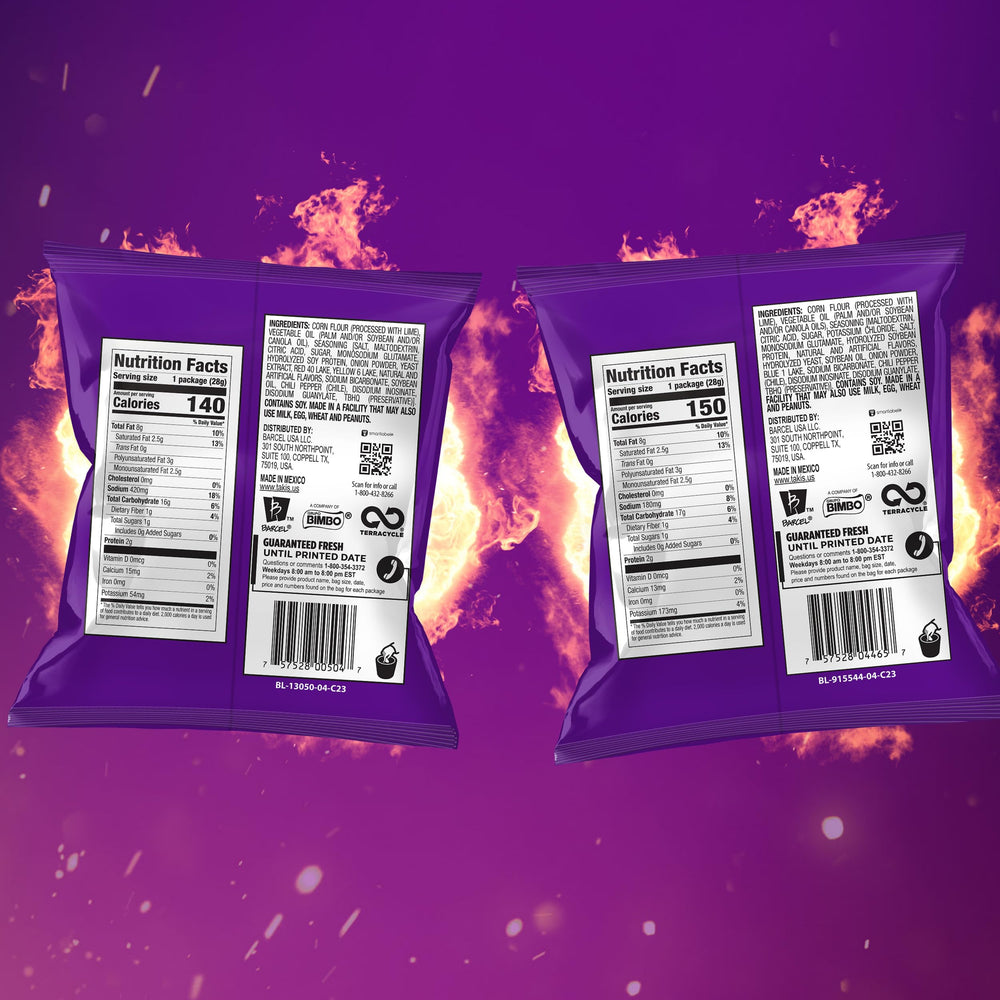 Takis Blue Heat rolls on display, intense flavor for spice lovers.